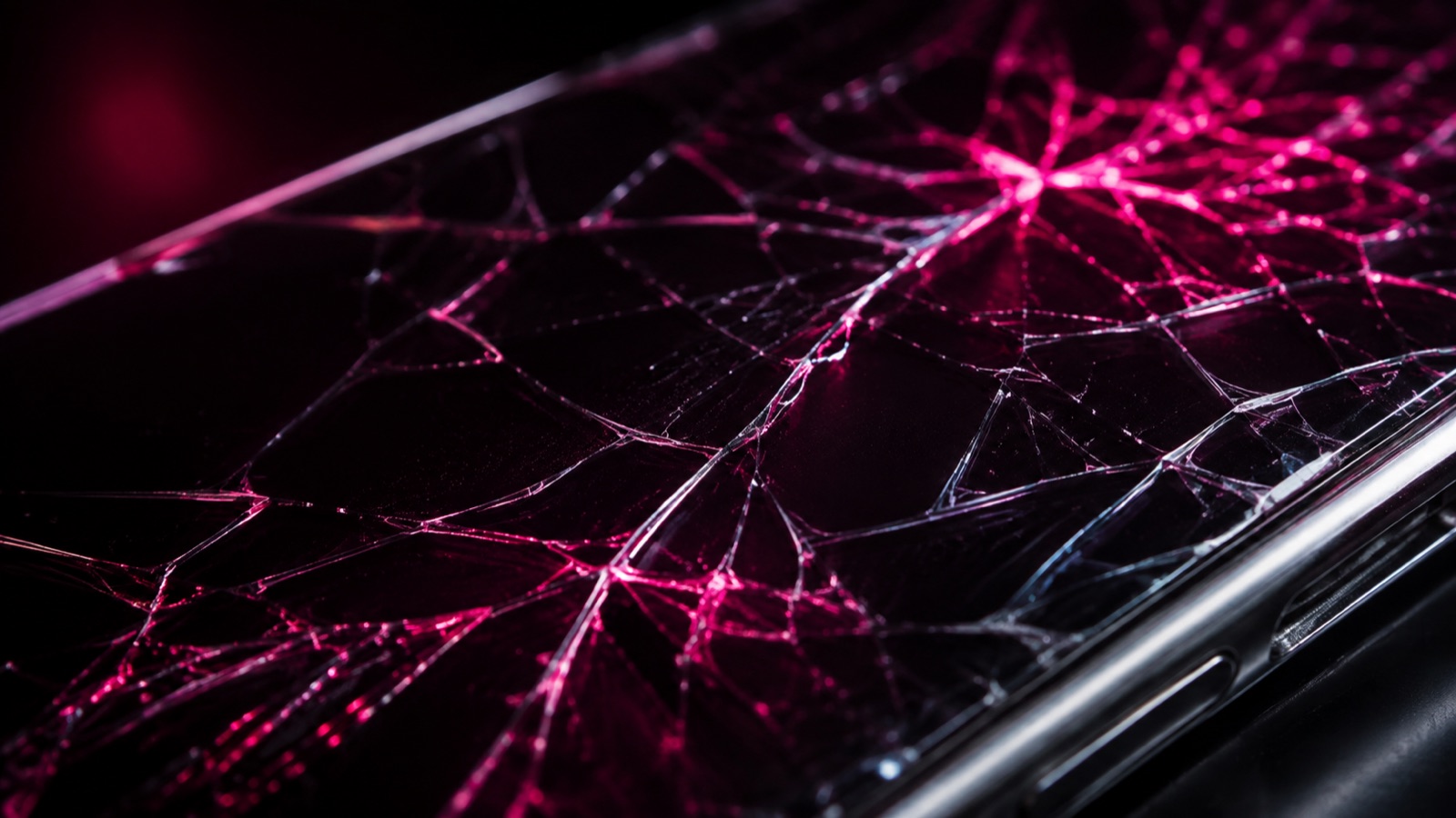 Sticlă de telefon crăpată, luminată în magenta
